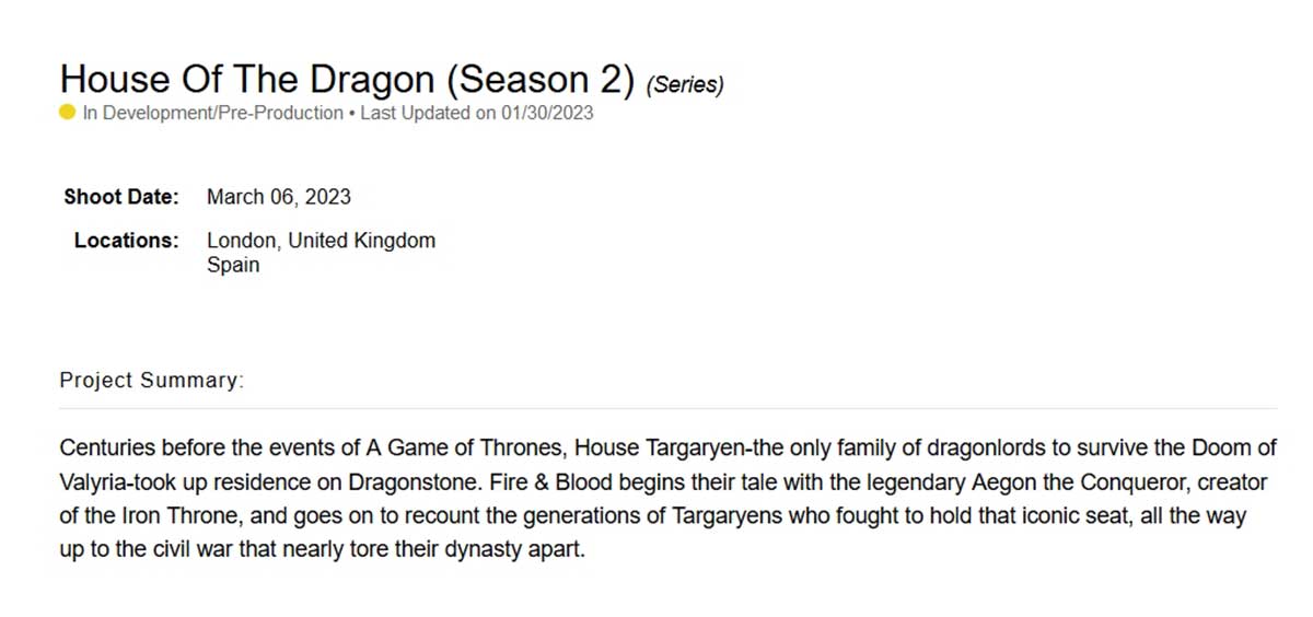 House of The Dragon Season 2 filming confirmed to begin in March 2023