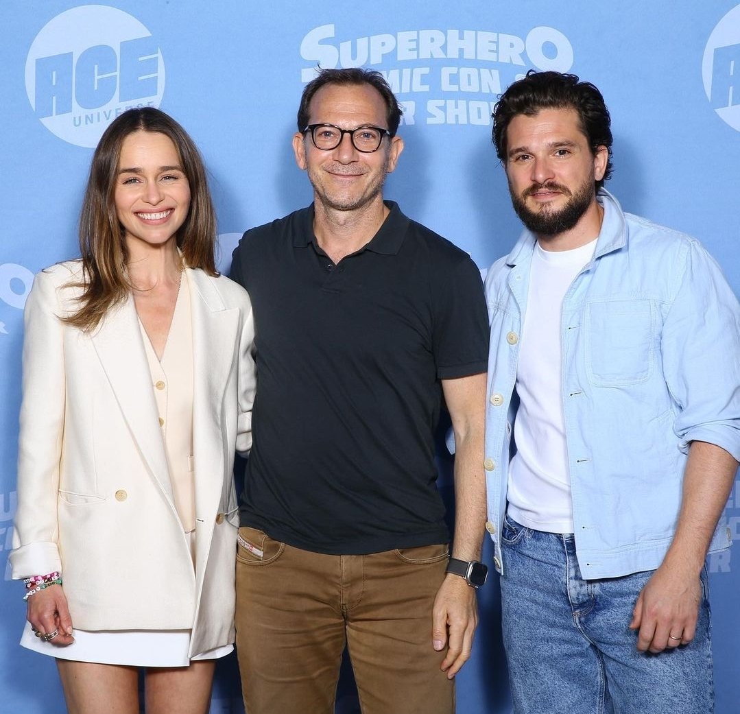 Emilia Clarke and Kit Harington with the founder of Superhero Comic Con Gareb Shamus